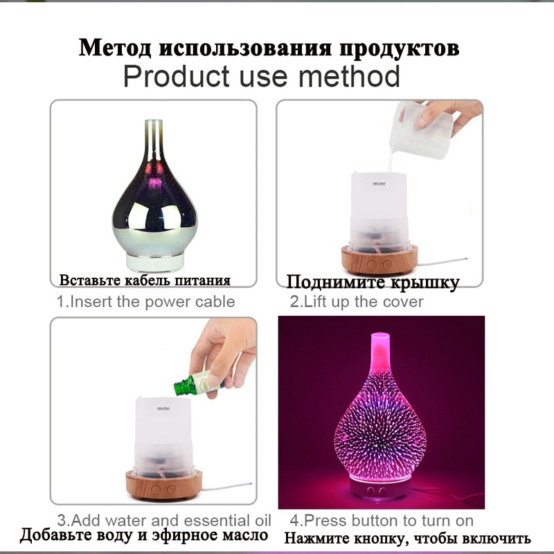 3D Firework Glass Vase Shape Air Humidifier with 7 Color Led